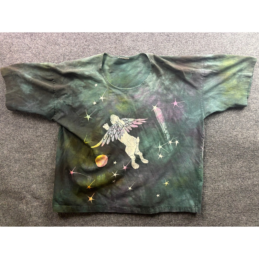 Roni Original Tie Dye T-Shirt Womens L Green Celestial Winged Bunny 90s Vintage